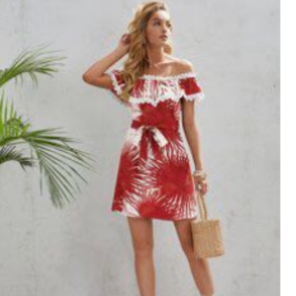 Red and White Off-Shoulder Dress